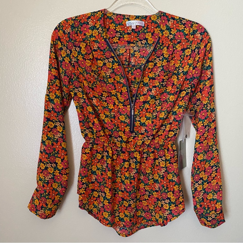 Stella Tweed Girls Orange Floral Half Zip Blouse